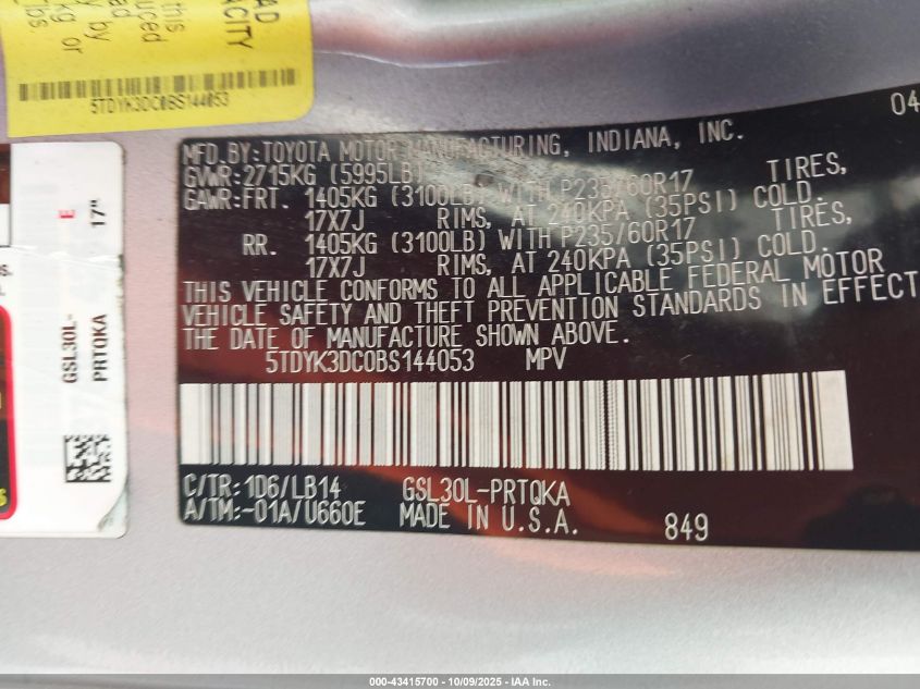 2011 Toyota Sienna Xle V6 VIN: 5TDYK3DC0BS144053 Lot: 43415700