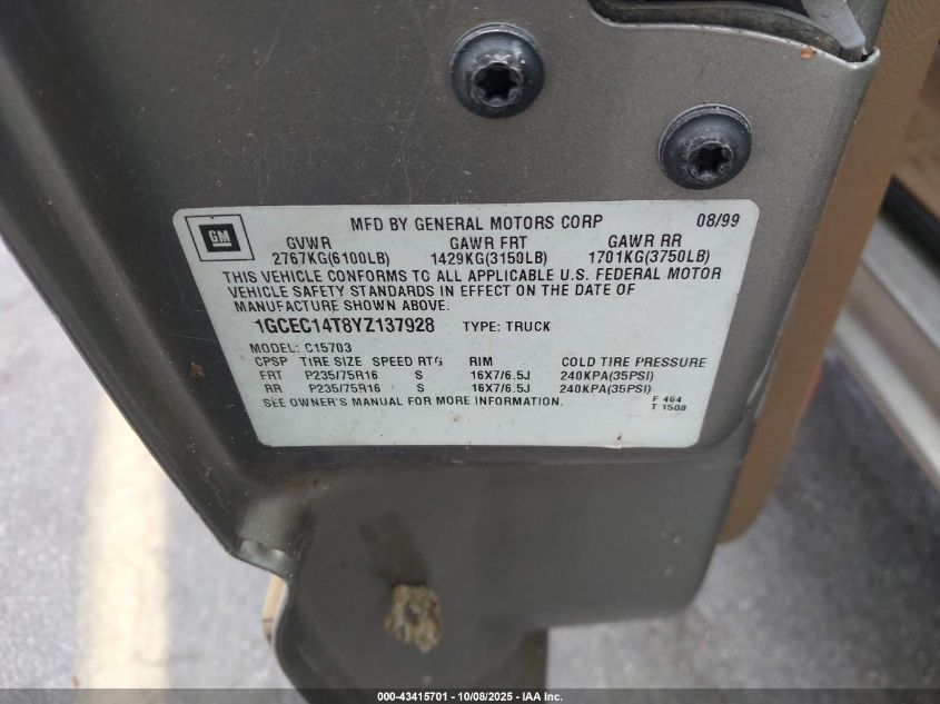 2000 Chevrolet Silverado 1500 Ls VIN: 1GCEC14T8YZ137928 Lot: 43415701