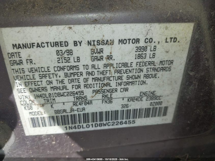 1998 Nissan Altima Gle/Gxe/Se/Xe VIN: 1N4DL01D8WC226455 Lot: 43415699