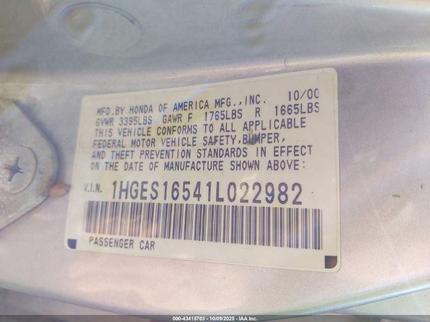 2001 Honda Civic Lx VIN: 1HGES16541L022982 Lot: 43415703