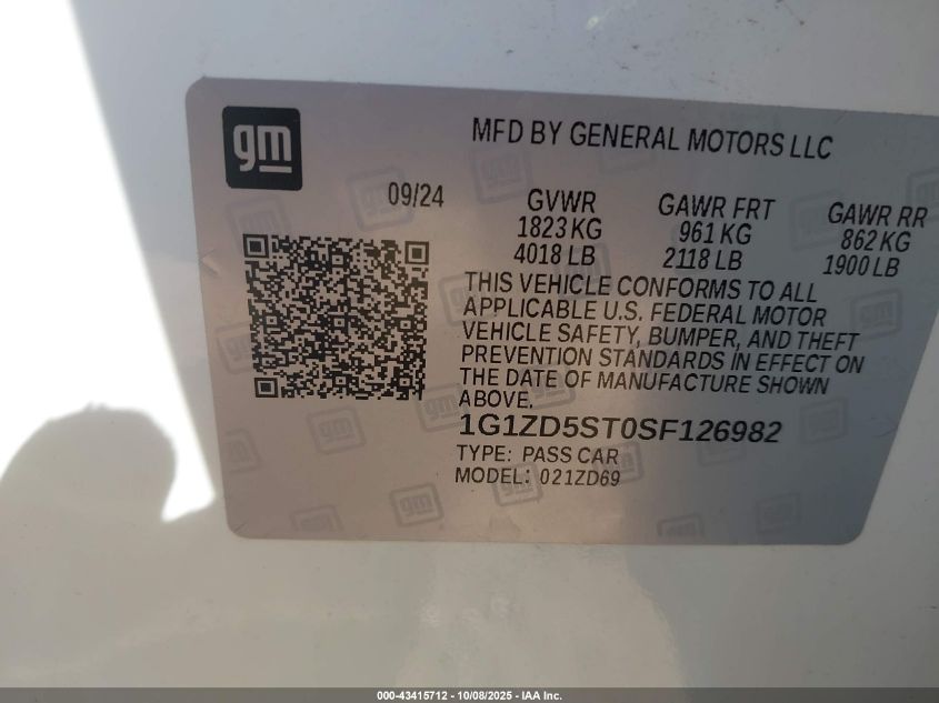 2025 Chevrolet Malibu Fwd 1Lt VIN: 1G1ZD5ST0SF126982 Lot: 43415712