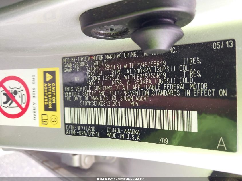 2013 Toyota Highlander Limited V6 VIN: 5TDYK3EHXDS121201 Lot: 43415711