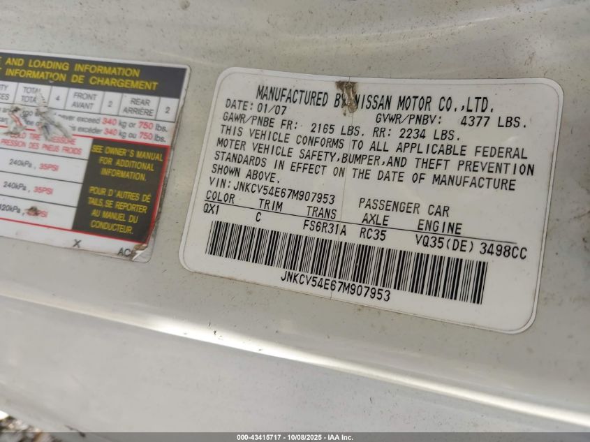 2007 Infiniti G35 VIN: JNKCV54E67M907953 Lot: 43415717