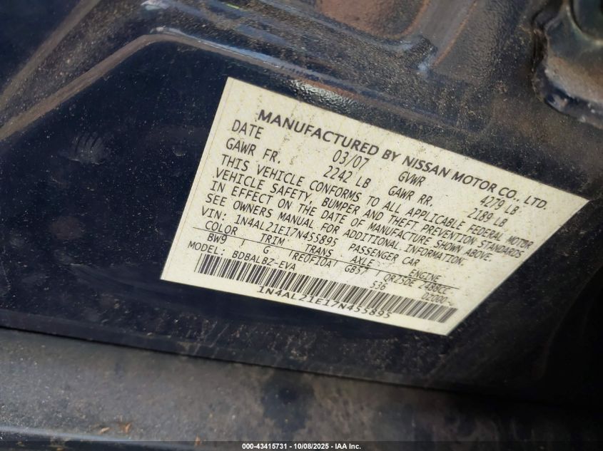 2007 Nissan Altima 2.5 S VIN: 1N4AL21E17N455895 Lot: 43415731