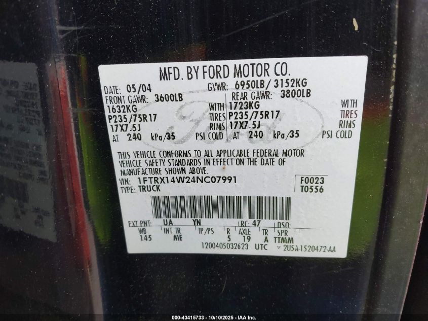 2004 Ford F-150 Stx/Xl/Xlt VIN: 1FTRX14W24NC07991 Lot: 43415733