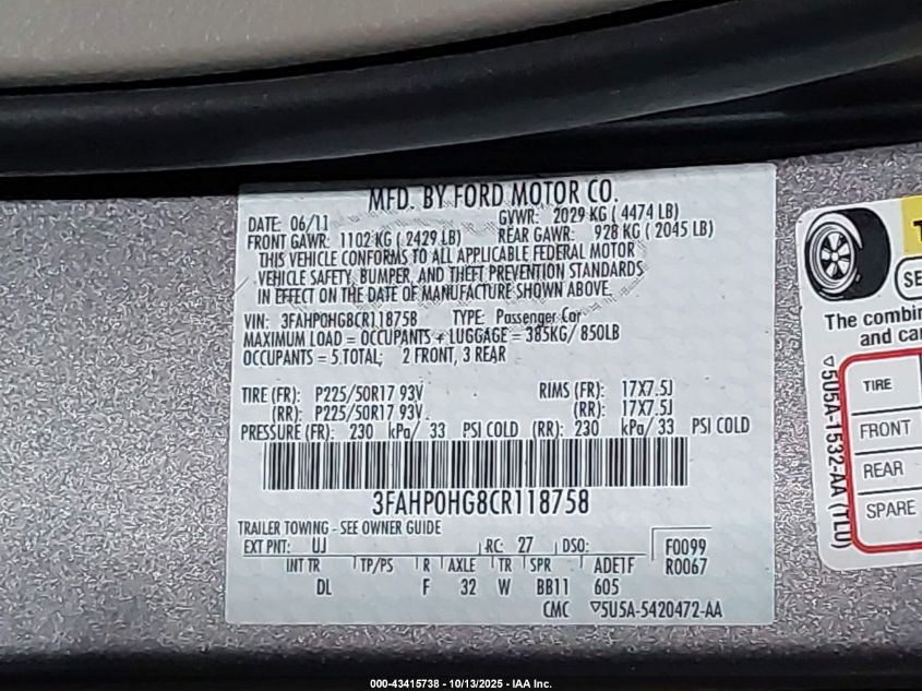 2012 Ford Fusion Se VIN: 3FAHP0HG8CR118758 Lot: 43415738