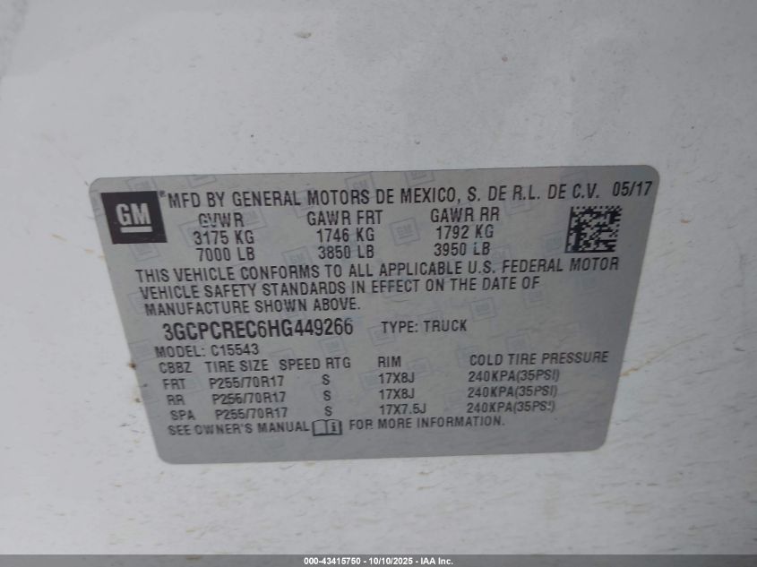 2017 Chevrolet Silverado 1500 1Lt VIN: 3GCPCREC6HG449266 Lot: 43415750