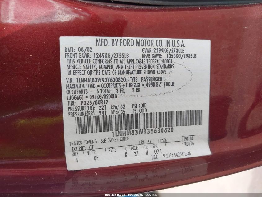 2003 Lincoln Town Car Cartier VIN: 1LNHM83W93Y630820 Lot: 43415754