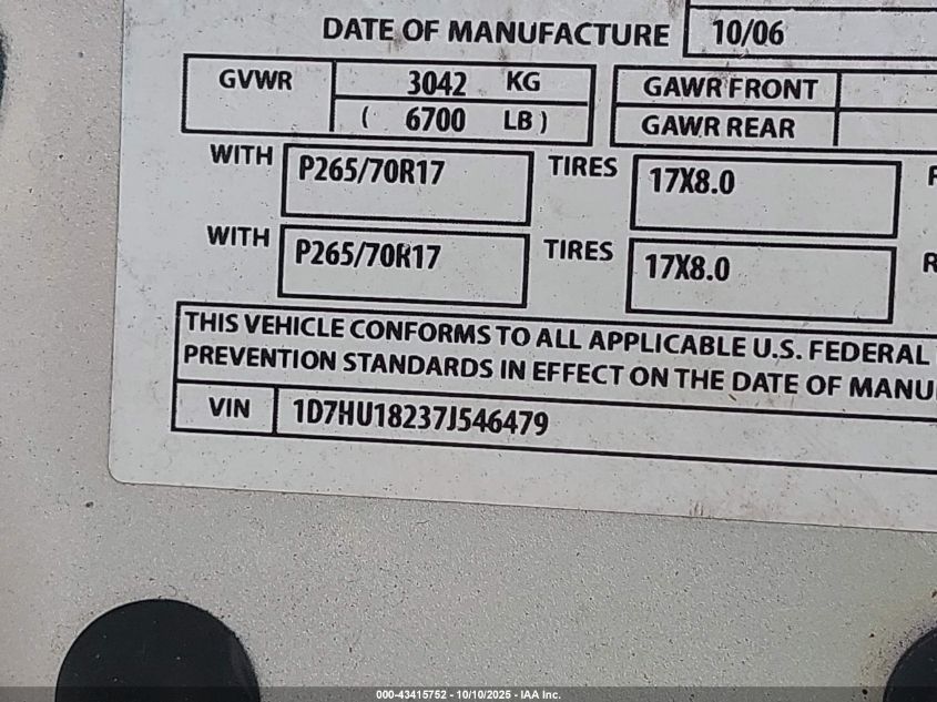 2007 Dodge Ram 1500 St VIN: 1D7HU18237J546479 Lot: 43415752