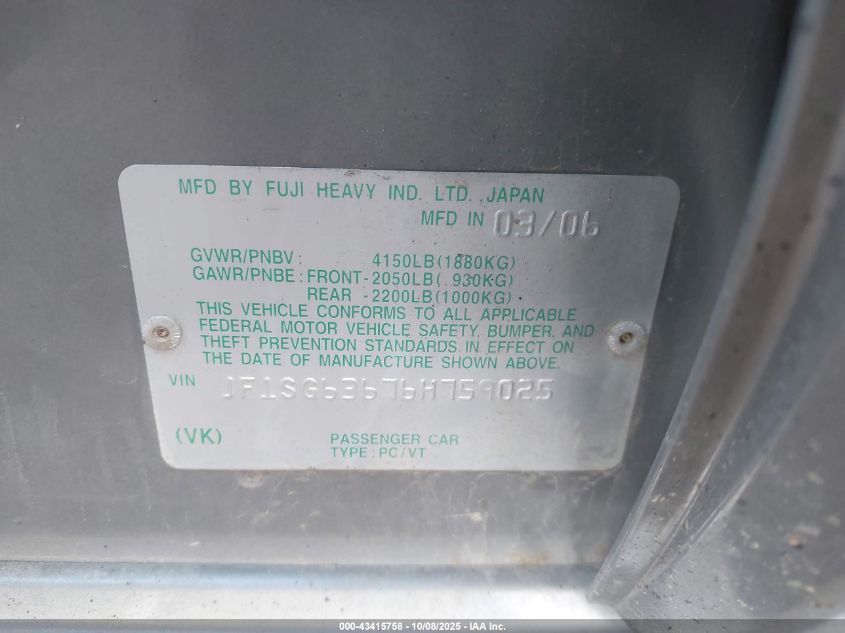 2006 Subaru Forester 2.5X VIN: JF1SG63676H759025 Lot: 43415758