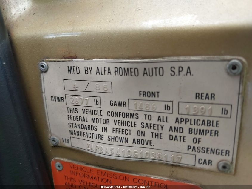 1986 Alfa Romeo Veloce 2000 Spider VIN: ZARBA5410G1038117 Lot: 43415764