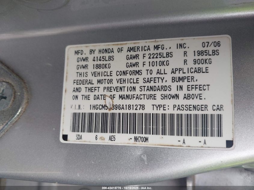 2006 Honda Accord 2.4 Se VIN: 1HGCM56396A181278 Lot: 43415776