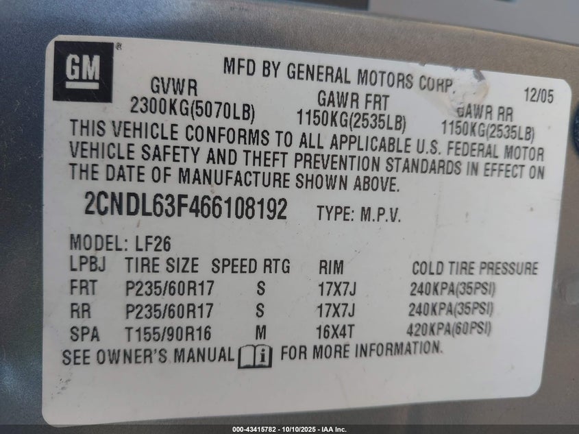 2006 Chevrolet Equinox Lt VIN: 2CNDL63F466108192 Lot: 43415782