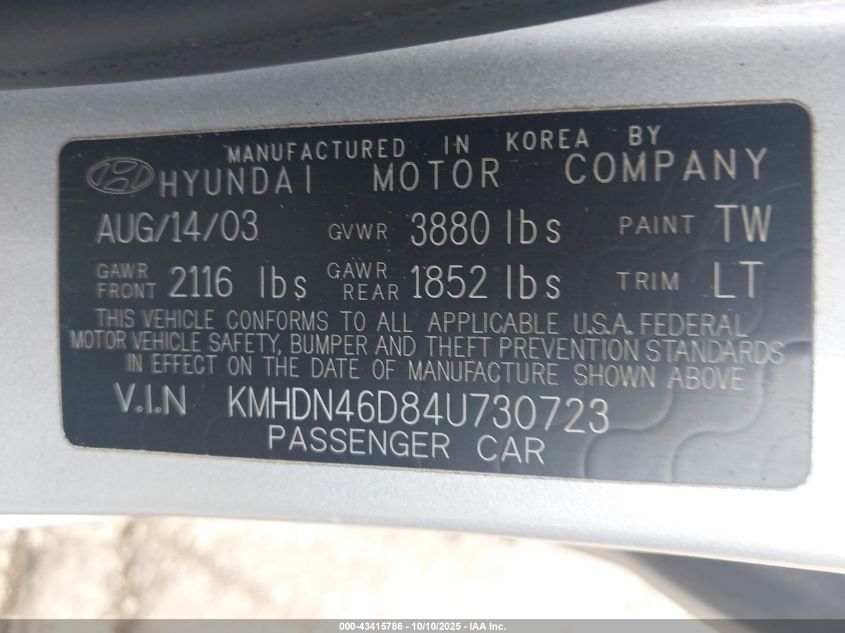2004 Hyundai Elantra Gls/Gt VIN: KMHDN46D84U730723 Lot: 43415786