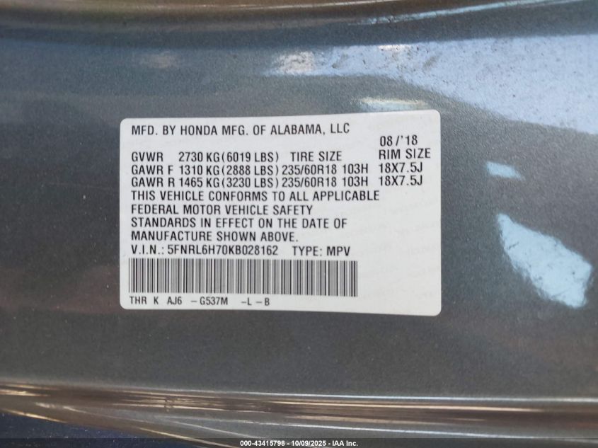 2019 Honda Odyssey Ex-L VIN: 5FNRL6H70KB028162 Lot: 43415798