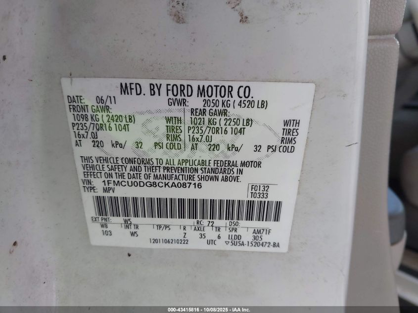 2012 Ford Escape Xlt VIN: 1FMCU0DG8CKA08716 Lot: 43415816