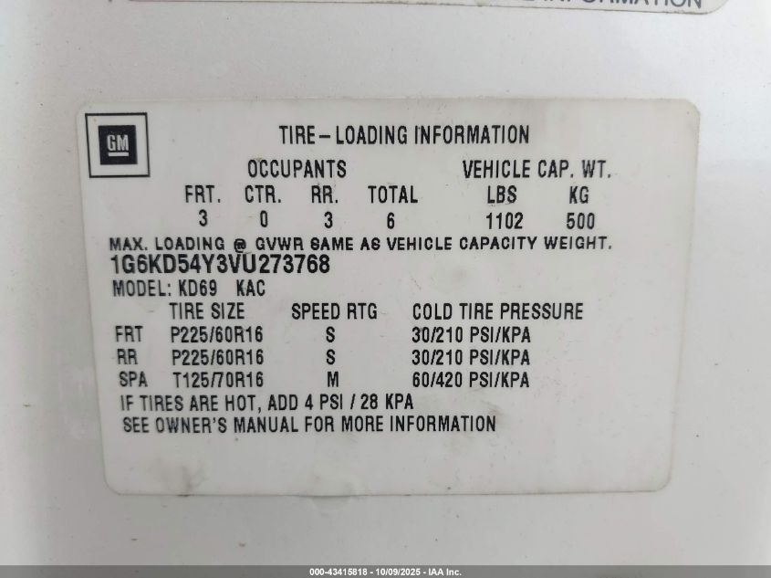 1997 Cadillac Deville Standard VIN: 1G6KD54Y3VU273768 Lot: 43415818