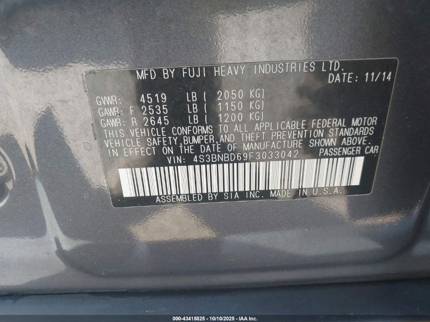 2015 Subaru Legacy 2.5I Premium VIN: 4S3BNBD69F3033042 Lot: 43415825