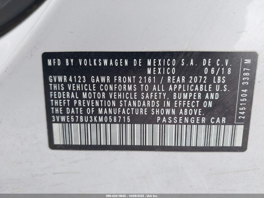 2019 Volkswagen Jetta 1.4T Sel VIN: 3VWE57BU3KM058715 Lot: 43415840
