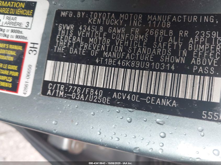 2009 Toyota Camry Le VIN: 4T1BE46K89U910314 Lot: 43415843