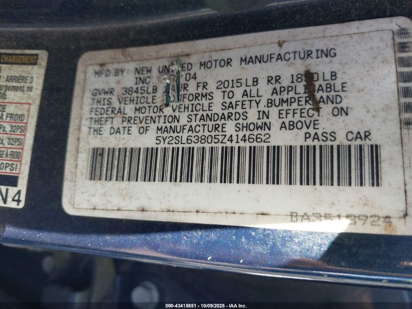 2005 Pontiac Vibe VIN: 5Y2SL63805Z414662 Lot: 43415851