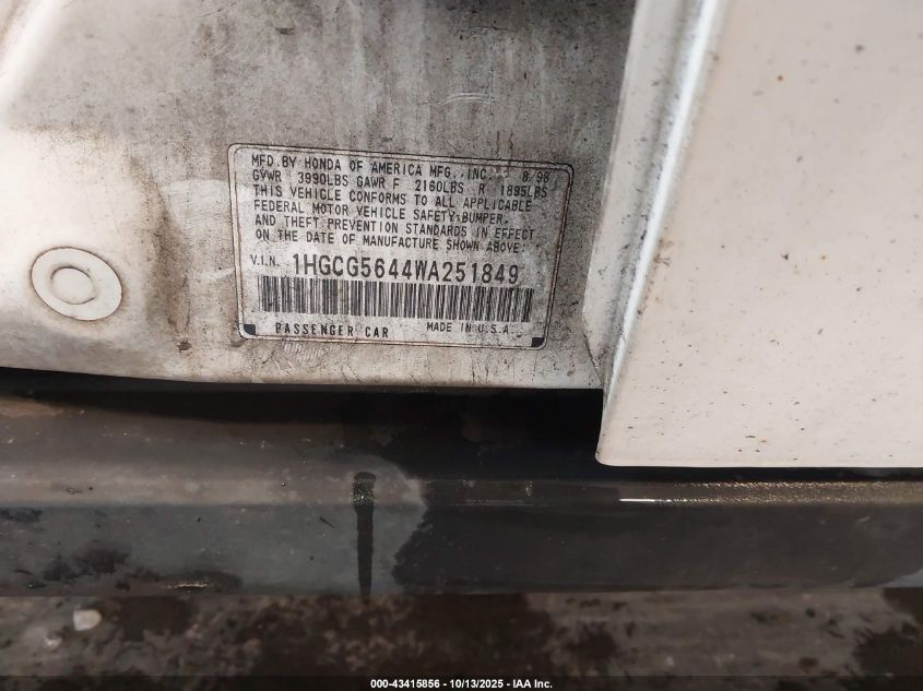 1998 Honda Accord Lx VIN: 1HGCG5644WA251849 Lot: 43415856
