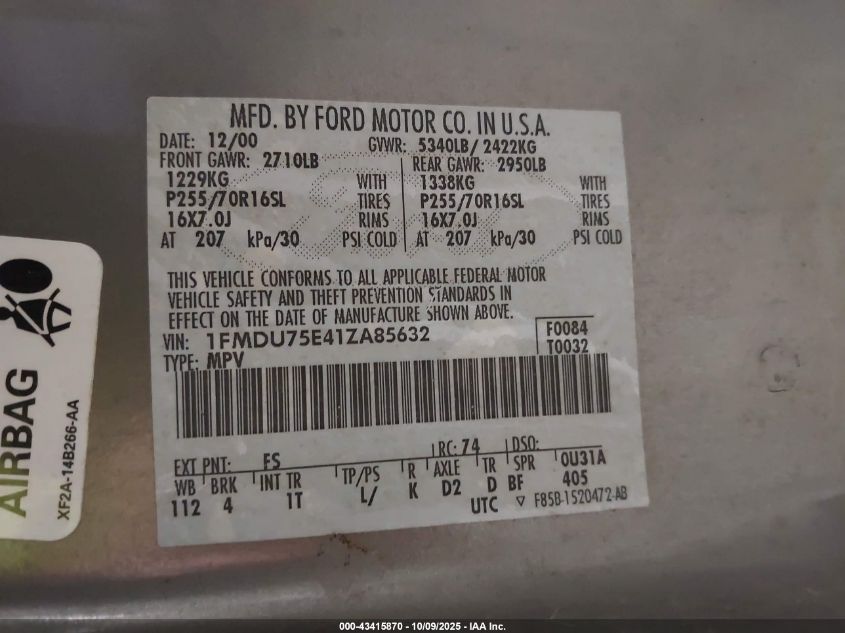 2001 Ford Explorer Limited VIN: 1FMDU75E41ZA85632 Lot: 43415870