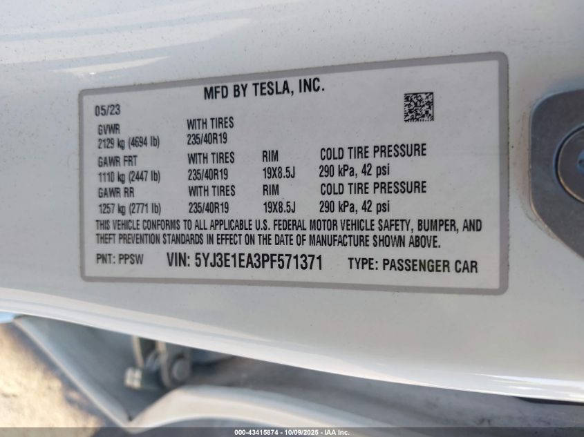2023 Tesla Model 3 Rear-Wheel Drive VIN: 5YJ3E1EA3PF571371 Lot: 43415874
