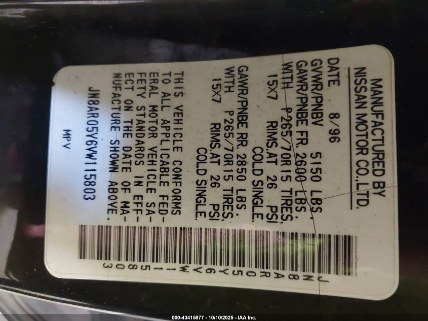 1997 Nissan Pathfinder Le/Se/Xe VIN: JN8AR05Y6VW115803 Lot: 43415877