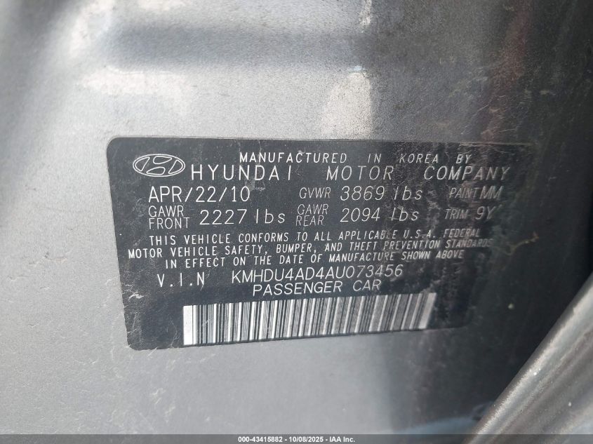 2010 Hyundai Elantra Gls VIN: KMHDU4AD4AU073456 Lot: 43415882