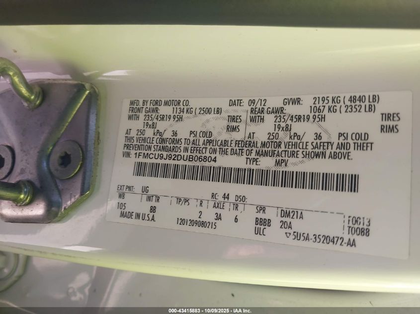 2013 Ford Escape Titanium VIN: 1FMCU9J92DUB06804 Lot: 43415883