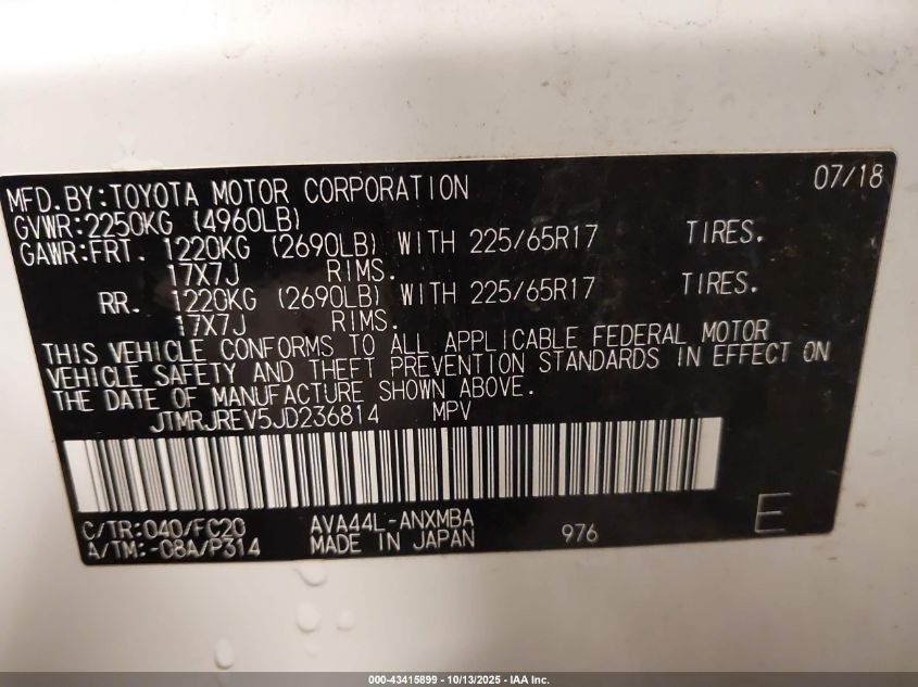 2018 Toyota Rav4 Hybrid Xle VIN: JTMRJREV5JD236814 Lot: 43415899