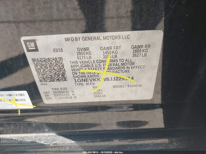 2018 Chevrolet Traverse High Country VIN: 1GNEVKKW8JJ229114 Lot: 43415913