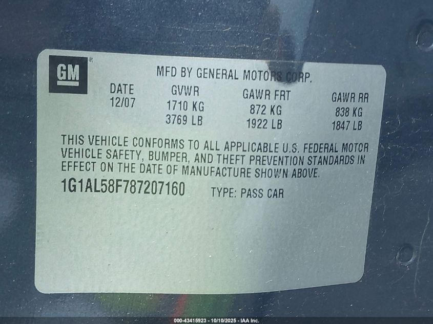 2008 Chevrolet Cobalt Lt VIN: 1G1AL58F787207160 Lot: 43415923