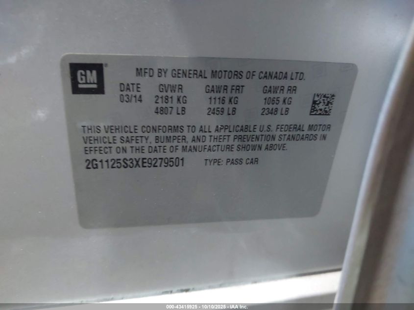 2014 Chevrolet Impala 2Lt VIN: 2G1125S3XE9279501 Lot: 43415925