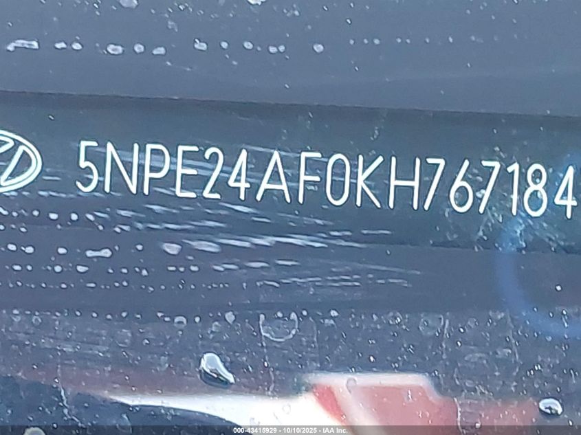 2019 Hyundai Sonata Se VIN: 5NPE24AF0KH767184 Lot: 43415929