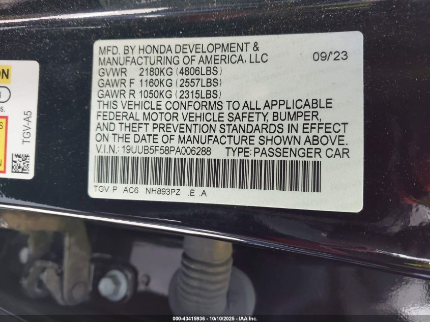 2023 Acura Tlx A-Spec Package VIN: 19UUB5F58PA006288 Lot: 43415936