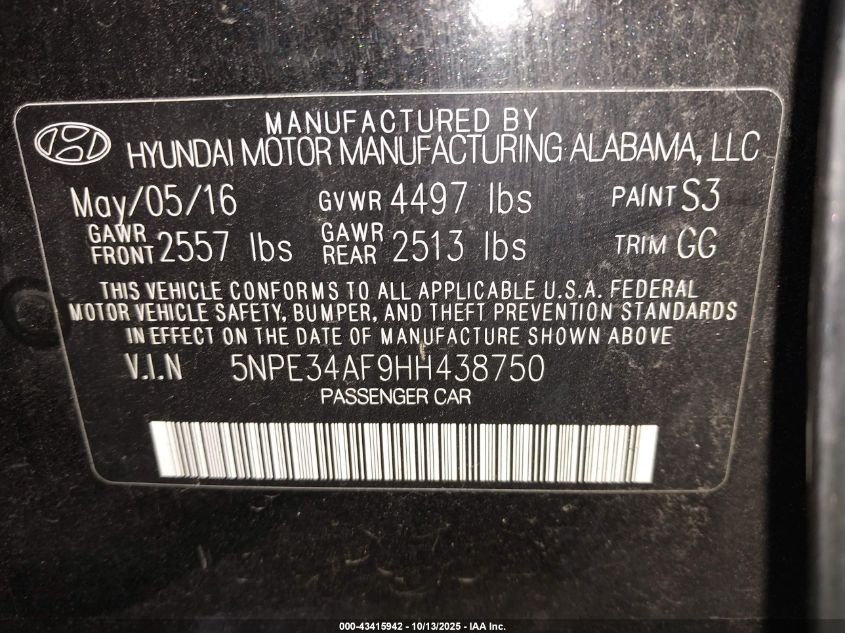 2017 Hyundai Sonata Sport VIN: 5NPE34AF9HH438750 Lot: 43415942