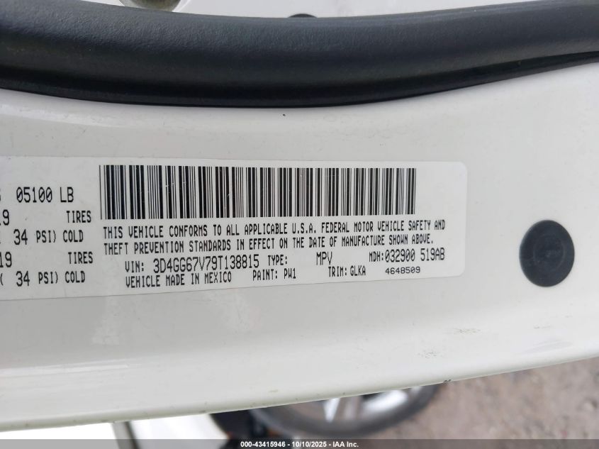 2009 Dodge Journey R/T VIN: 3D4GG67V79T138815 Lot: 43415946