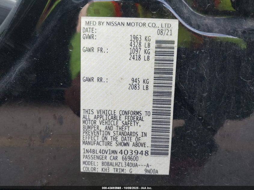 2021 NISSAN ALTIMA SV FWD 1N4BL4DV1MN403948