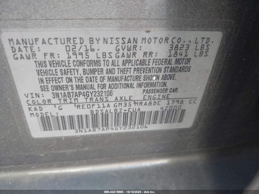 2016 Nissan Sentra Fe+ S/S/Sl/Sr/Sv VIN: 3N1AB7AP4GY232106 Lot: 43415960