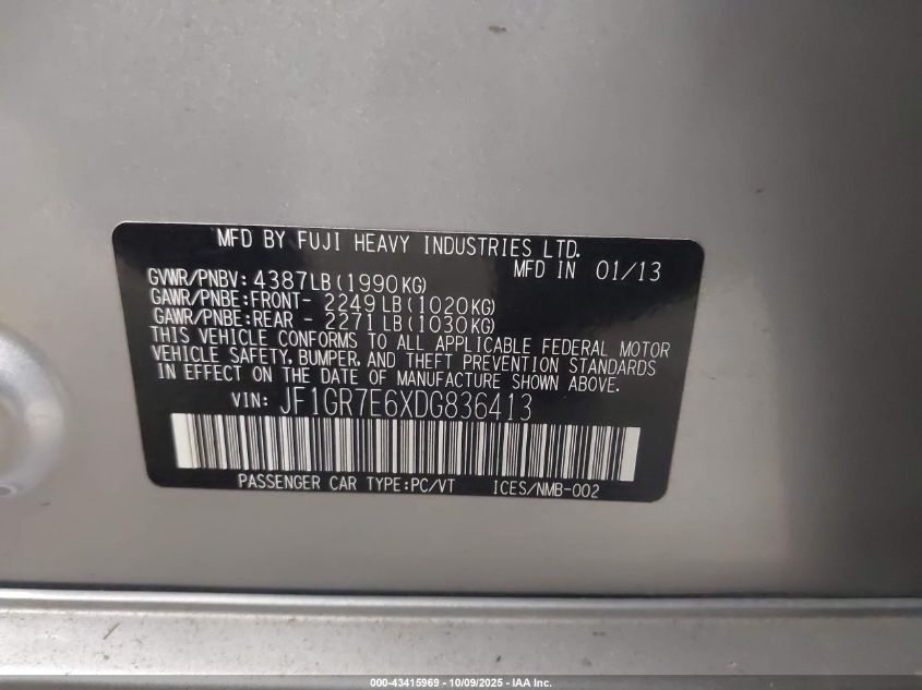 2013 Subaru Impreza Wrx VIN: JF1GR7E6XDG836413 Lot: 43415969