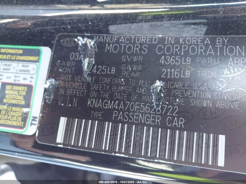 2015 Kia Optima Lx VIN: KNAGM4A70F5628722 Lot: 43415978