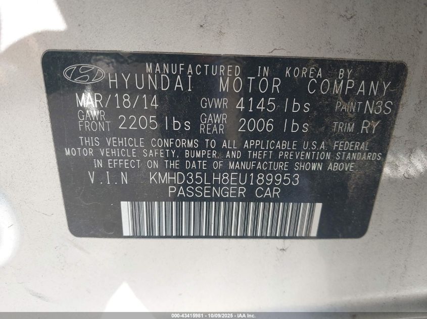 2014 Hyundai Elantra Gt VIN: KMHD35LH8EU189953 Lot: 43415981