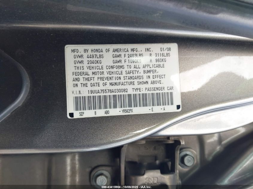 2008 Acura Tl Type S VIN: 19UUA75578A030082 Lot: 43415984