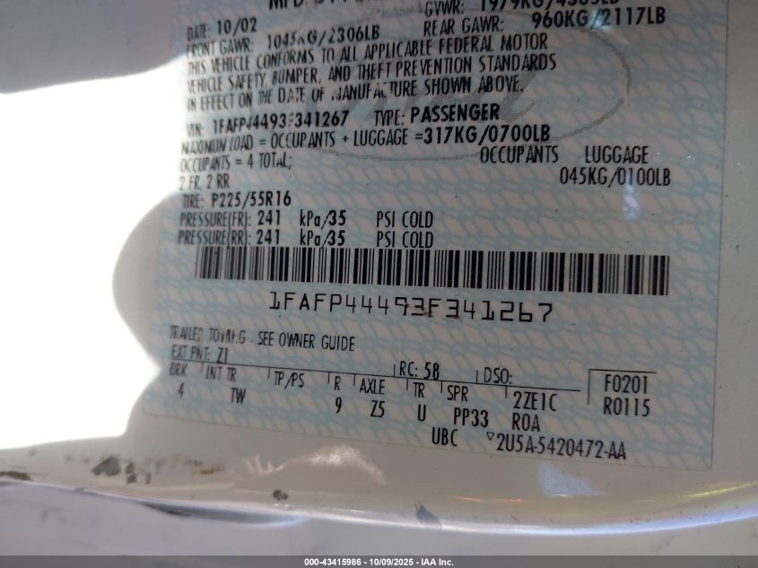 2003 Ford Mustang VIN: 1FAFP44493F341267 Lot: 43415986