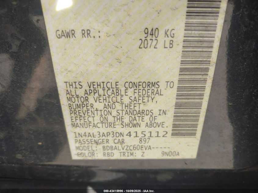 2013 Nissan Altima 2.5 Sl VIN: 1N4AL3AP3DN415112 Lot: 43415996