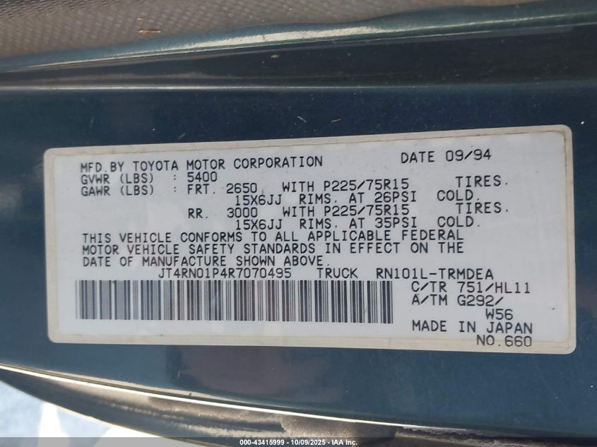 1994 Toyota Pickup 1/2 Ton Shrt Wheelbase/Dx VIN: JT4RN01P4R7070495 Lot: 43415999