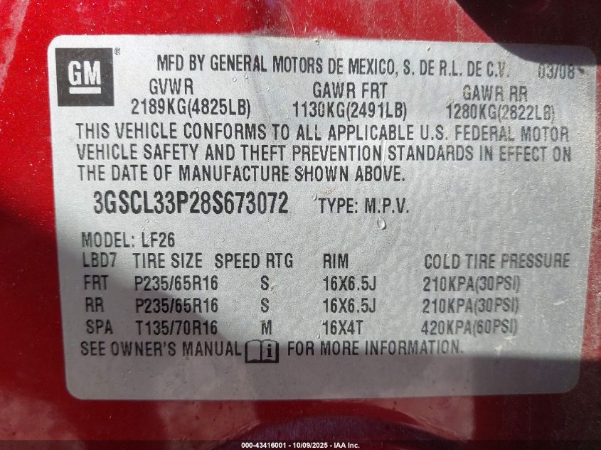 2008 Saturn Vue 4-Cyl Xe VIN: 3GSCL33P28S673072 Lot: 43416001