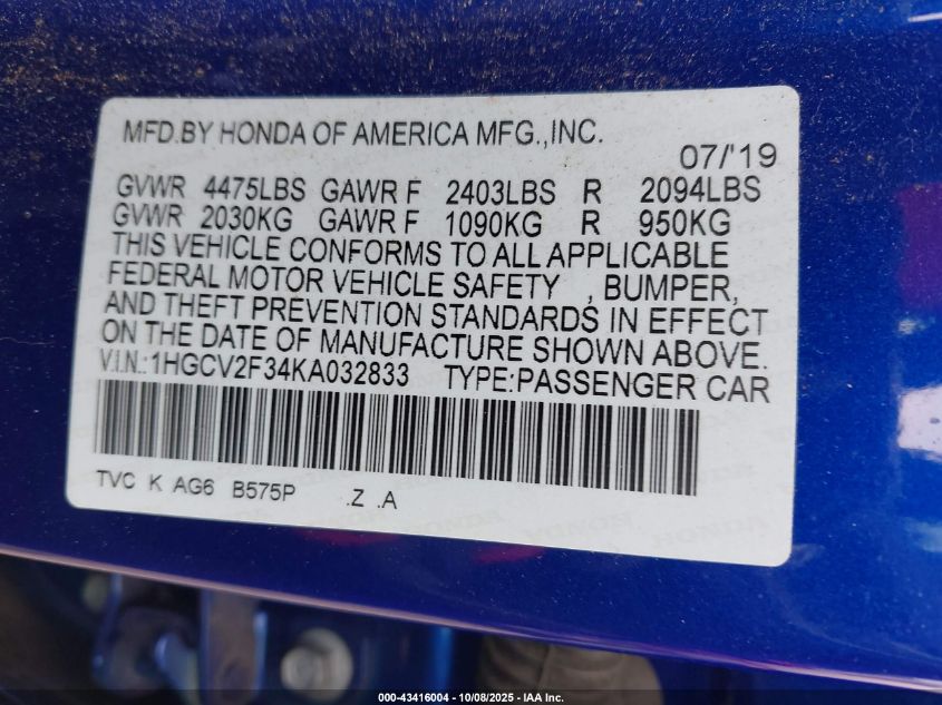 2019 Honda Accord Sport 2.0T VIN: 1HGCV2F34KA032833 Lot: 43416004